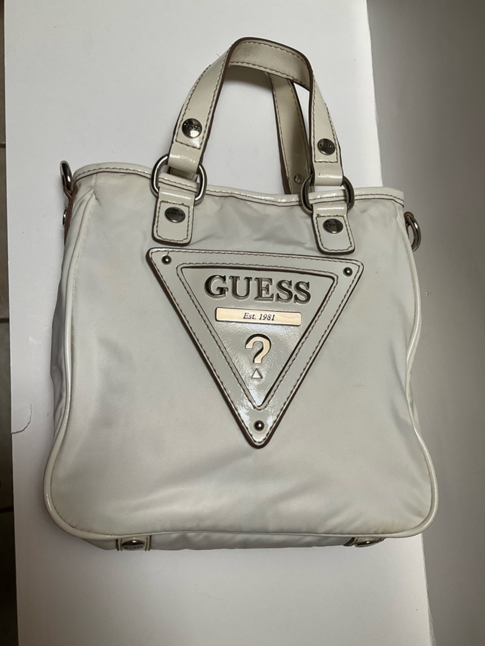 Vintage GUESS Jeans White Nylon Tote Cream Satchel Removable Crossbody Strap